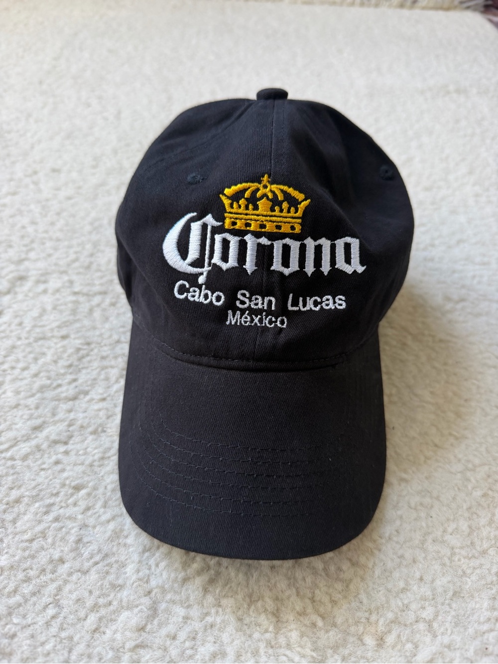 Corona Black Cap with Gold Crown Embroidery Hat Cabo San Lucas Mexico